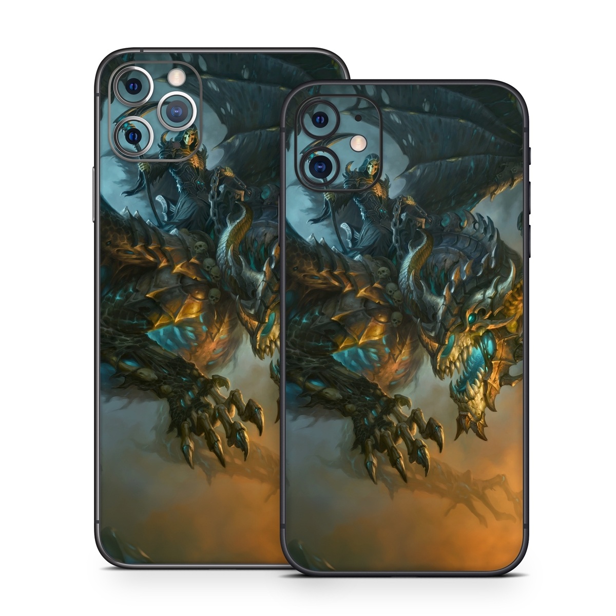 iPhone 11 Series Skin design of Dragon, Cg artwork, Fictional character, Mythical creature, Demon, Mythology, Illustration, Cryptid, Art, with orange, yellow, black, brown, blue, white colors