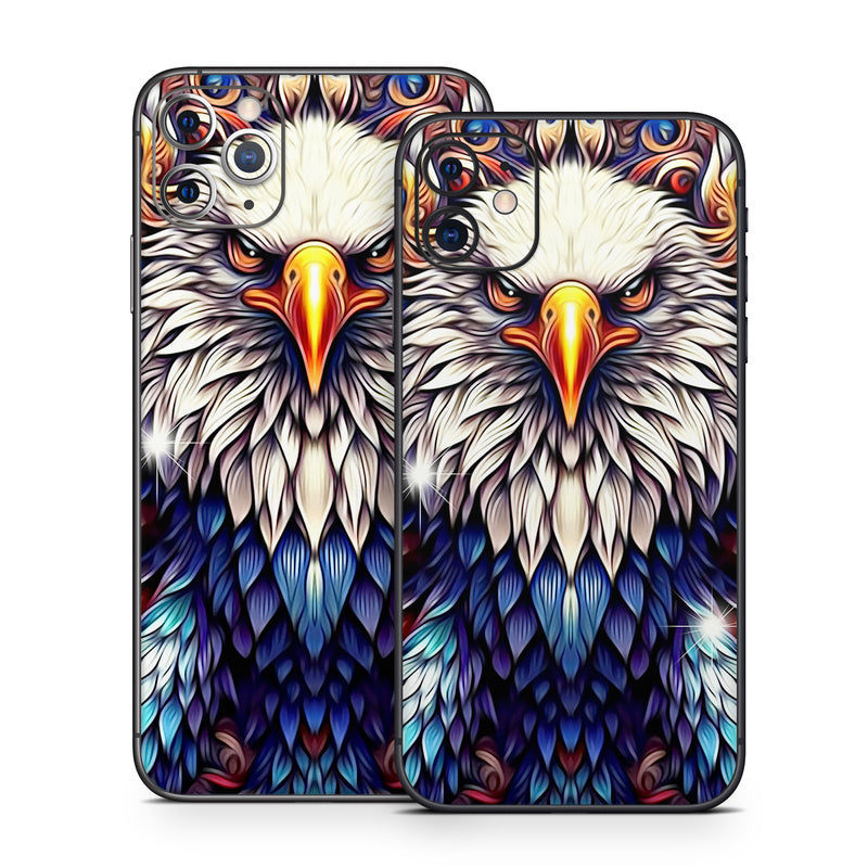 iPhone 11 Series Skin design of Accipitridae, Bird of prey, Eagle, Wing, Beak, Accipitriformes, Bird, Falconiformes, Bald eagle, Sea eagle, with red, blue, white, yellow, orange, brown, gray colors