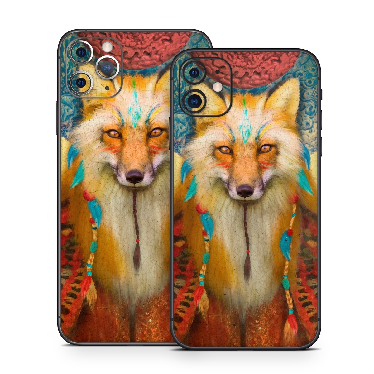 iPhone 11 Series Skin design of Red fox, Canidae, Fox, Wildlife, Swift fox, Carnivore, Jackal, Fur, Snout, Art, with red, black, gray, green, blue colors
