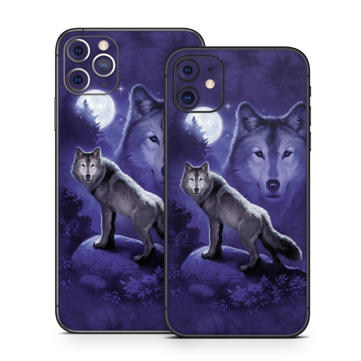 iPhone 11 Series Skin design of Wolf, Canidae, canis lupus tundrarum, Canis, Wolfdog, Dog, Native american indian dog, Wildlife, Sakhalin husky, Moonlight, with blue, black, gray colors