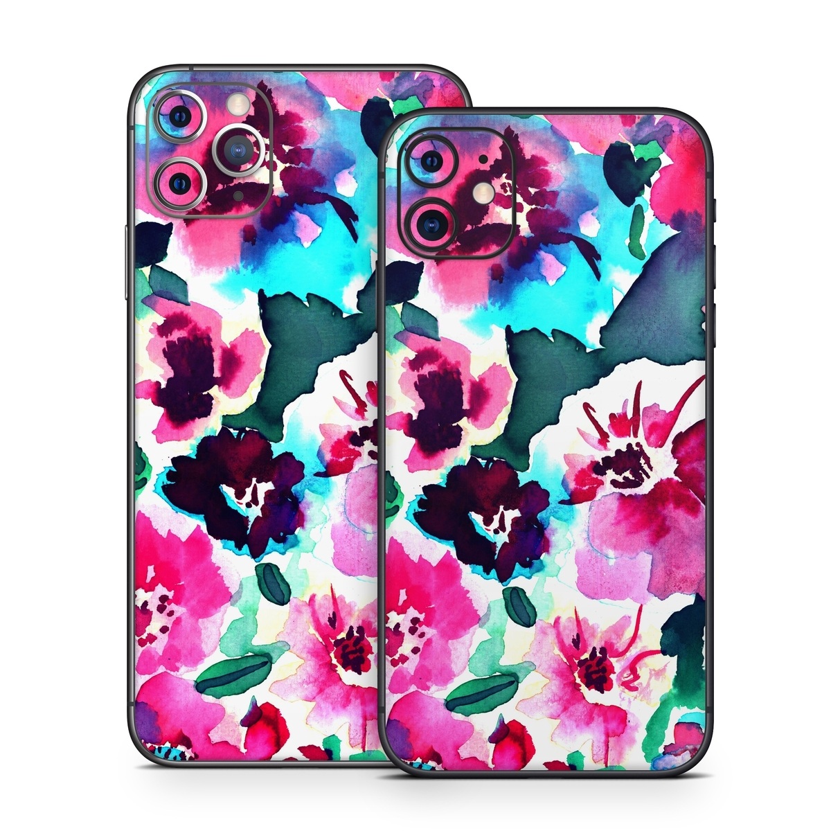 iPhone 11 Series Skin design of Flower, Pink, Petal, Plant, Pattern, Hawaiian hibiscus, Design, Magenta, Flowering plant, Watercolor paint, with white, pink, blue, green, red colors