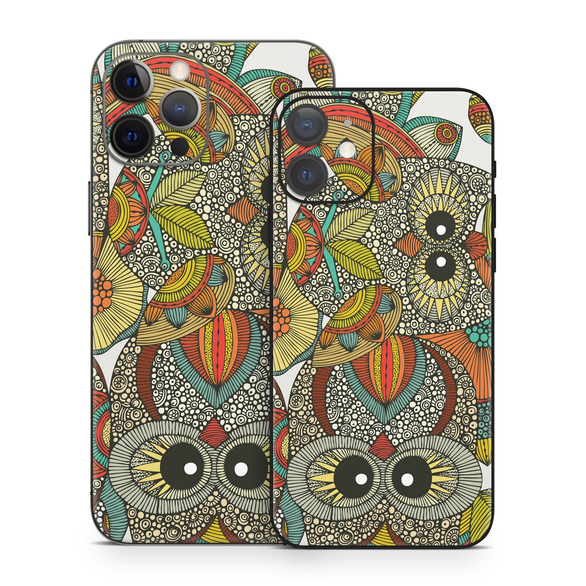 iPhone 12 Series Skin design of Owl, Pattern, Visual arts, Art, Design, Textile, Illustration, Motif, Bird, with white, green, orange, yellow, blue, red colors