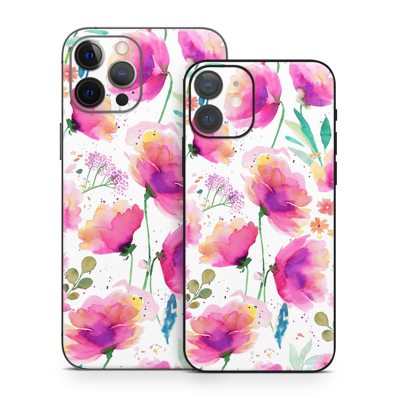 iPhone 12 Series Skin design of Pink, Watercolor painting, Art Paint, Creative arts, Paint, Floral design, Geraniums, with white, pink, purple, green, yellow, orange colors