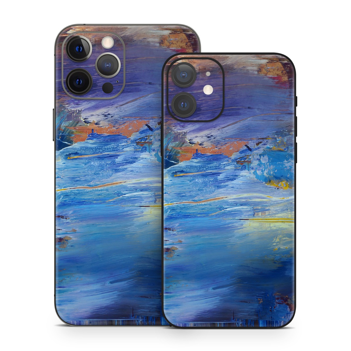iPhone 12 Series Skin design of Painting, Blue, Modern art, Acrylic paint, Sky, Watercolor paint, Art, Visual arts, Paint, Electric blue, with blue, purple, yellow, brown, orange, black colors