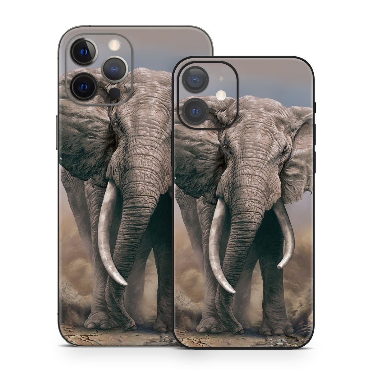 iPhone 12 Series Skin design of Elephants and Mammoths, Terrestrial animal, Indian elephant, African elephant, Wildlife, Tusk, Snout, Organism, Working animal, Illustration, with brown, gray, white colors