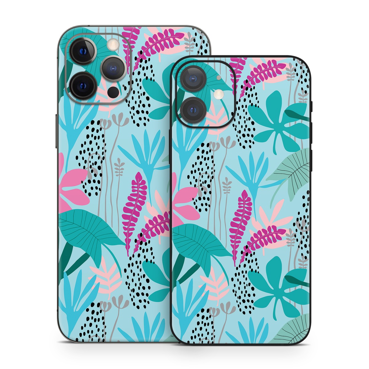 iPhone 12 Series Skin design of White, Leaf, Botany, Green, Textile, Branch, Organism, Plant, Font, Pink, with blue, green, pink, purple, black, gray colors