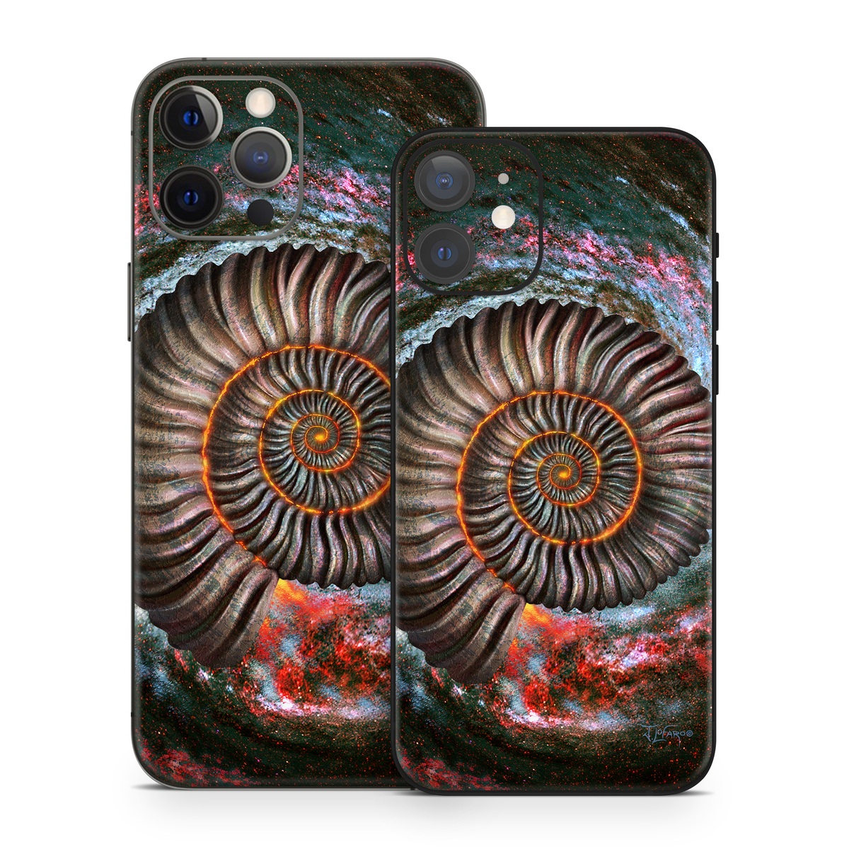 iPhone 12 Series Skin design of Spiral, Fractal art, Vortex, Circle, Art, Ammonoidea, with black, brown, red, white, blue, green colors