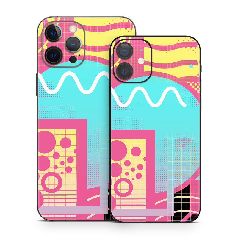 iPhone 12 Series Skin design of Textile, Organism, Font, Art, Pink, Rectangle, Line, Aqua, Magenta, Circle, with pink, yellow, blue, black, white colors