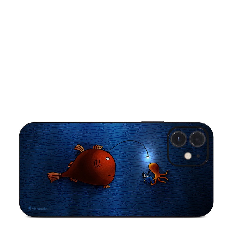 iPhone 12 Series Skin design of Deep sea fish, Anglerfish, Illustration, Fish, Animation, Art, with blue, red colors