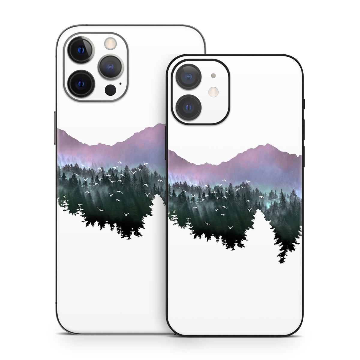 iPhone 12 Series Skin design of Nature, Mountainous landforms, Mountain, Atmospheric phenomenon, Tree, Wilderness, Sky, Mountain range, Forest, Hill, with white, black, purple, blue, green colors