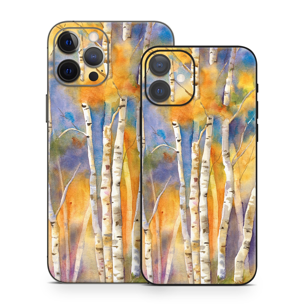 iPhone 12 Series Skin design of Canoe birch, Watercolor paint, Tree, Birch, Woody plant, Painting, Plant, Birch family, Paint, Trunk, with orange, yellow, green, white, purple, blue colors