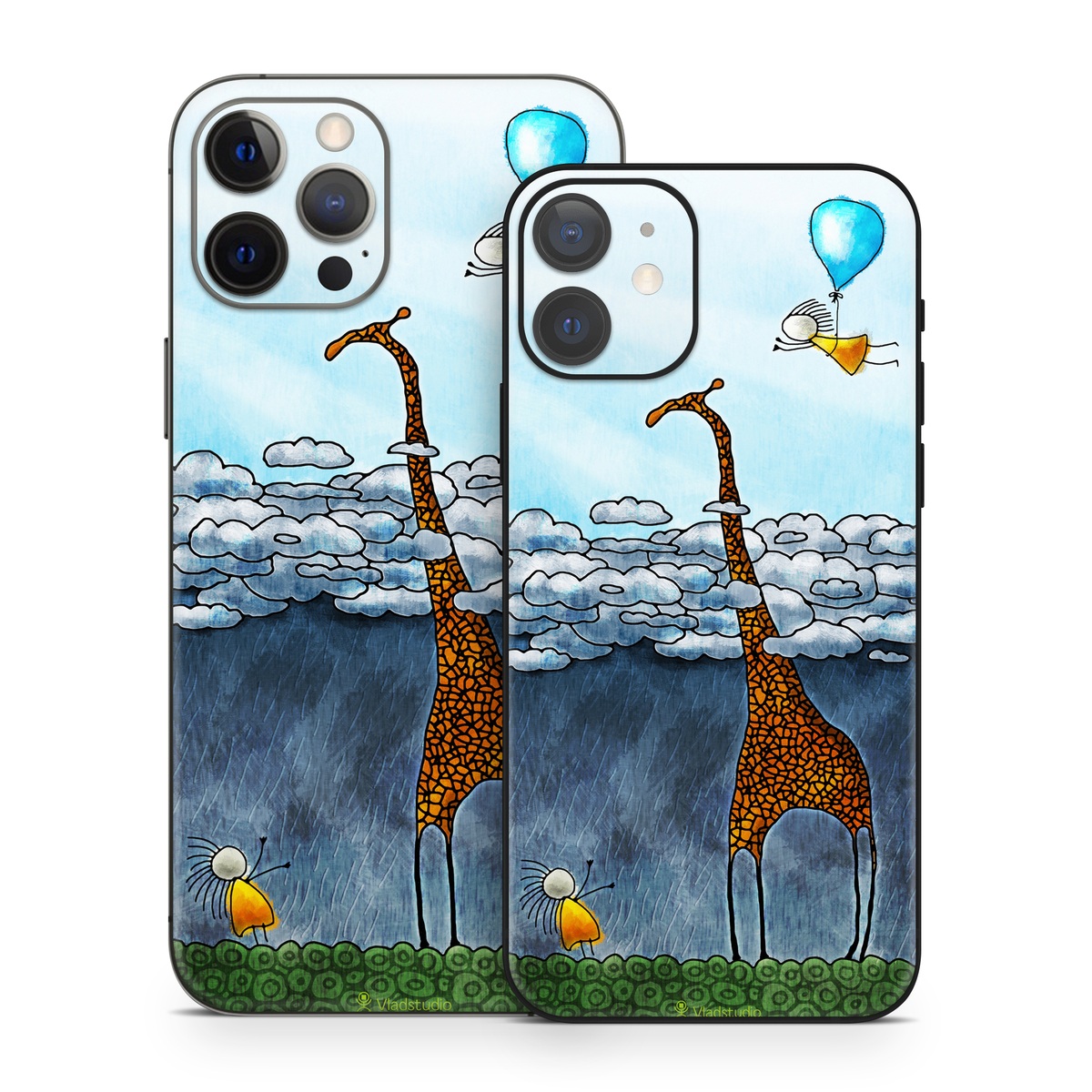 iPhone 12 Series Skin design of Giraffe, Sky, Tree, Water, Branch, Giraffidae, Illustration, Cloud, Grassland, Bird, with blue, gray, yellow, green colors