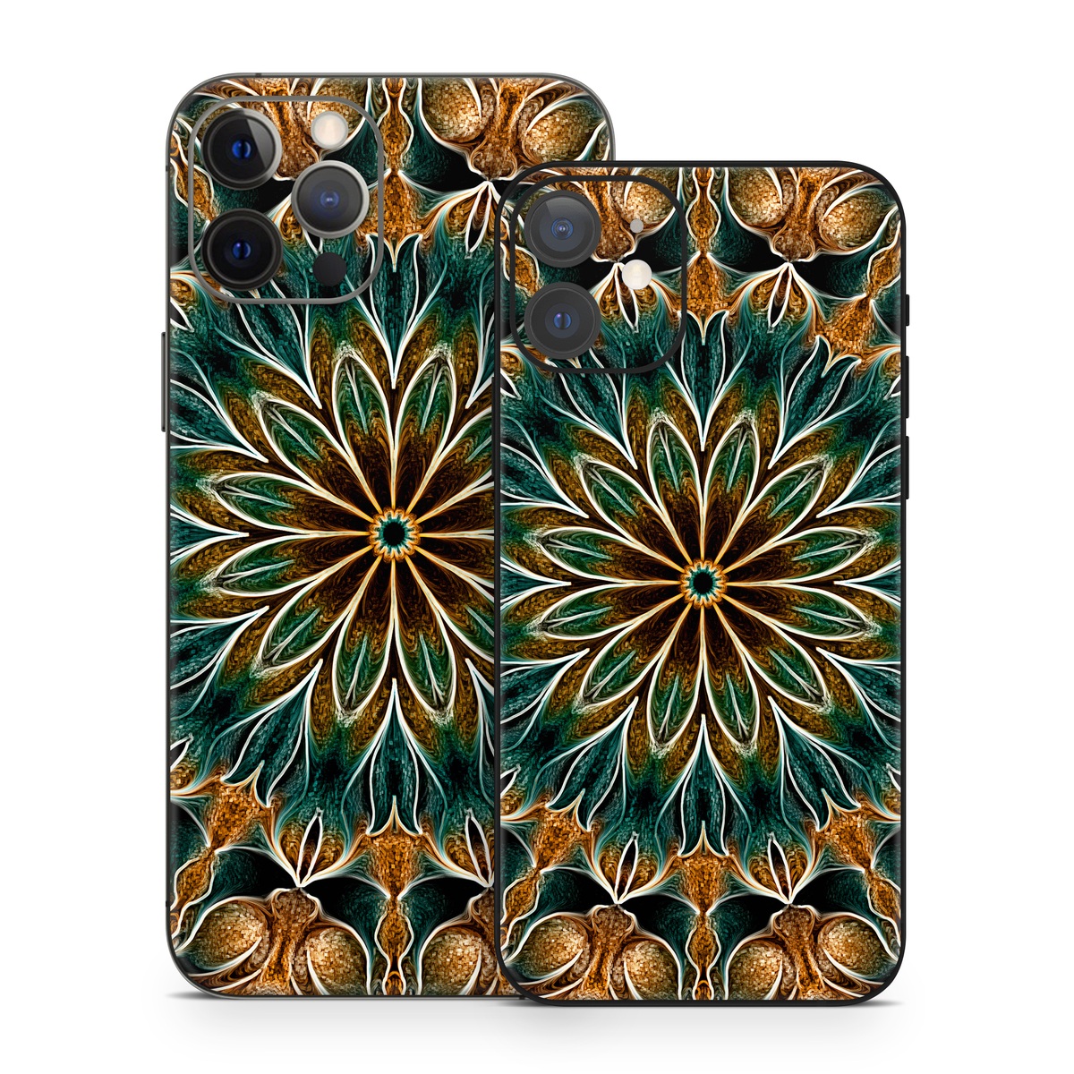 iPhone 12 Series Skin design of Pattern, Symmetry, Textile, Art, Psychedelic art, Tapestry, Design, Visual arts, Kaleidoscope, Motif, with green, orange, yellow, brown, red colors