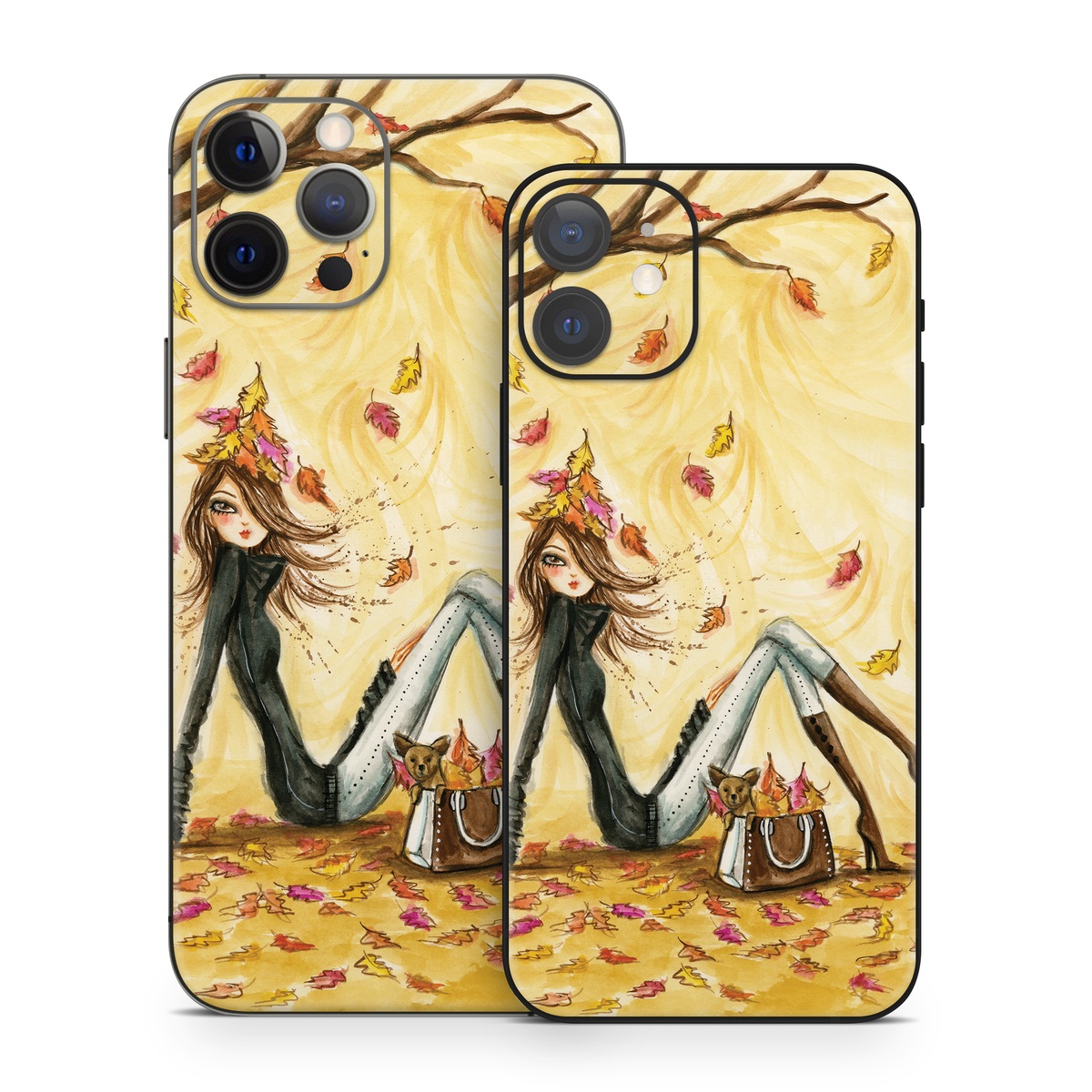 iPhone 12 Series Skin design of Painting, Watercolor paint, Tree, Art, Illustration, Plant, Modern art, Visual arts, Still life, Fictional character, with yellow, red, brown, orange, black, white colors
