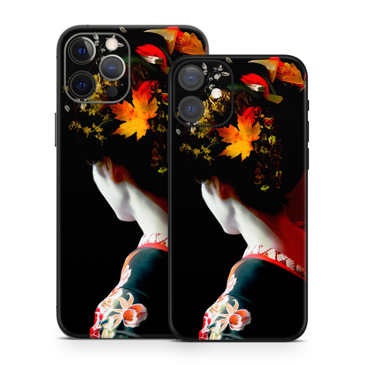 iPhone 12 Series Skin design of Geisha, Red, Flower, Plant, Headgear, Photography, Peking opera, Costume, Headpiece, Art, with black, red, orange, yellow, white colors