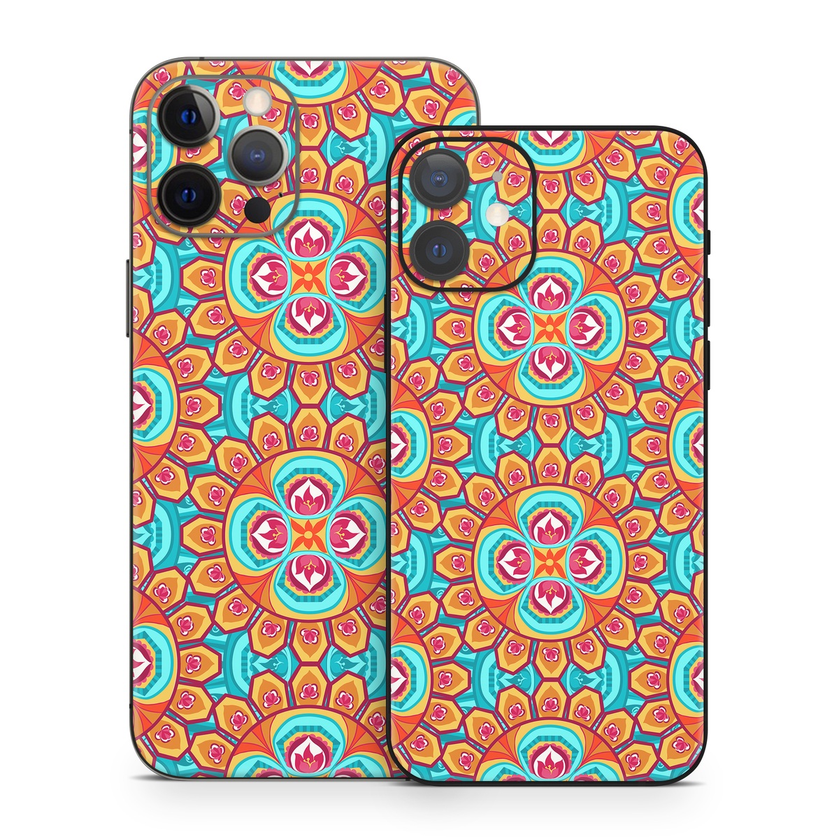 iPhone 12 Series Skin design of Pattern, Orange, Design, Textile, Wrapping paper, Visual arts, Motif, Circle, Art, with blue, orange, red, yellow colors