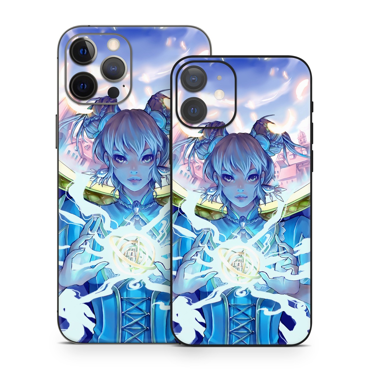 iPhone 12 Series Skin design of Cg artwork, Anime, Cartoon, Sky, Long hair, Illustration, Fictional character, Black hair, Art, with blue, purple, pink, white, yellow colors
