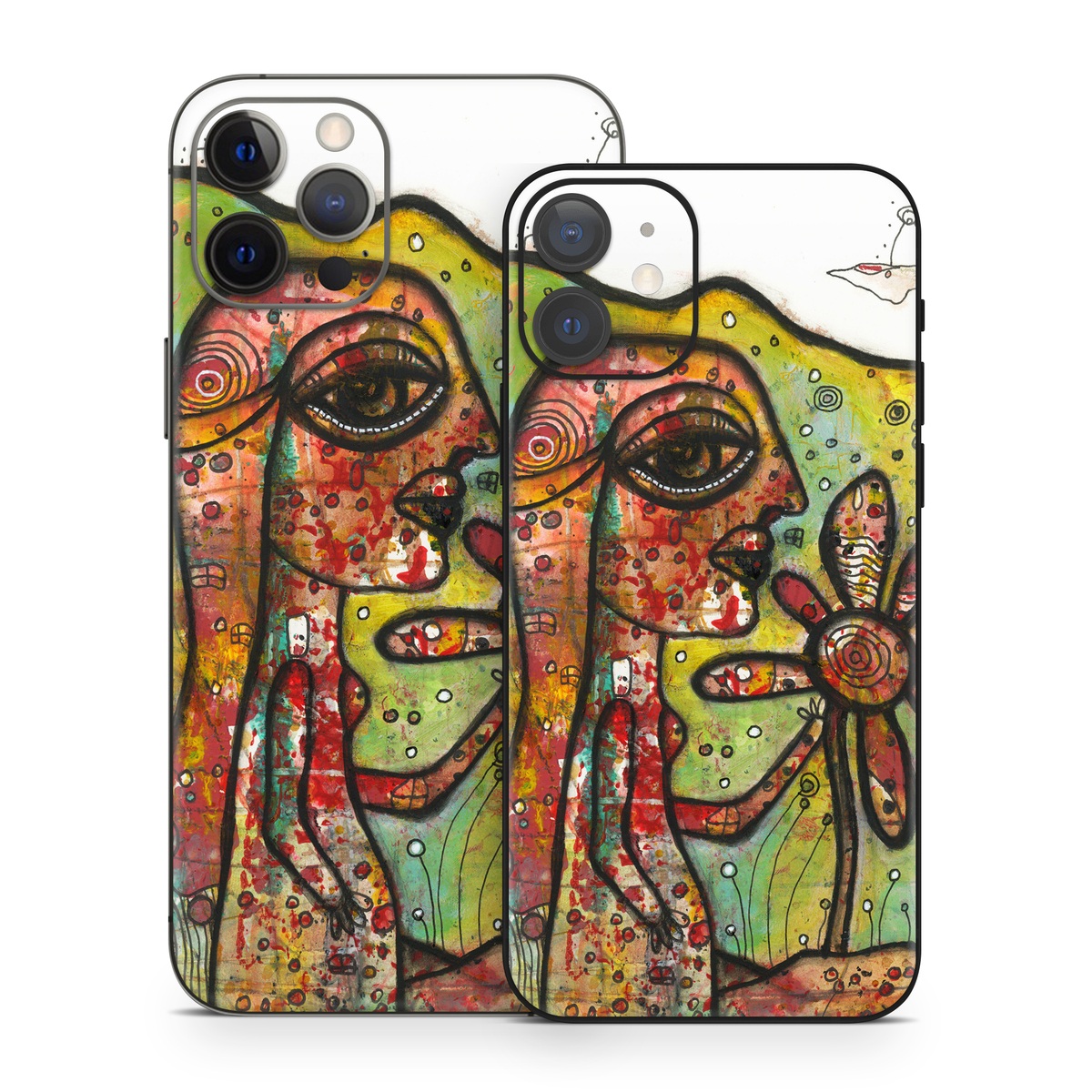 iPhone 12 Series Skin design of Modern art, Art, Painting, Acrylic paint, Psychedelic art, Visual arts, Watercolor paint, Illustration, Paint, Style, with green, black, red, white, orange, yellow colors