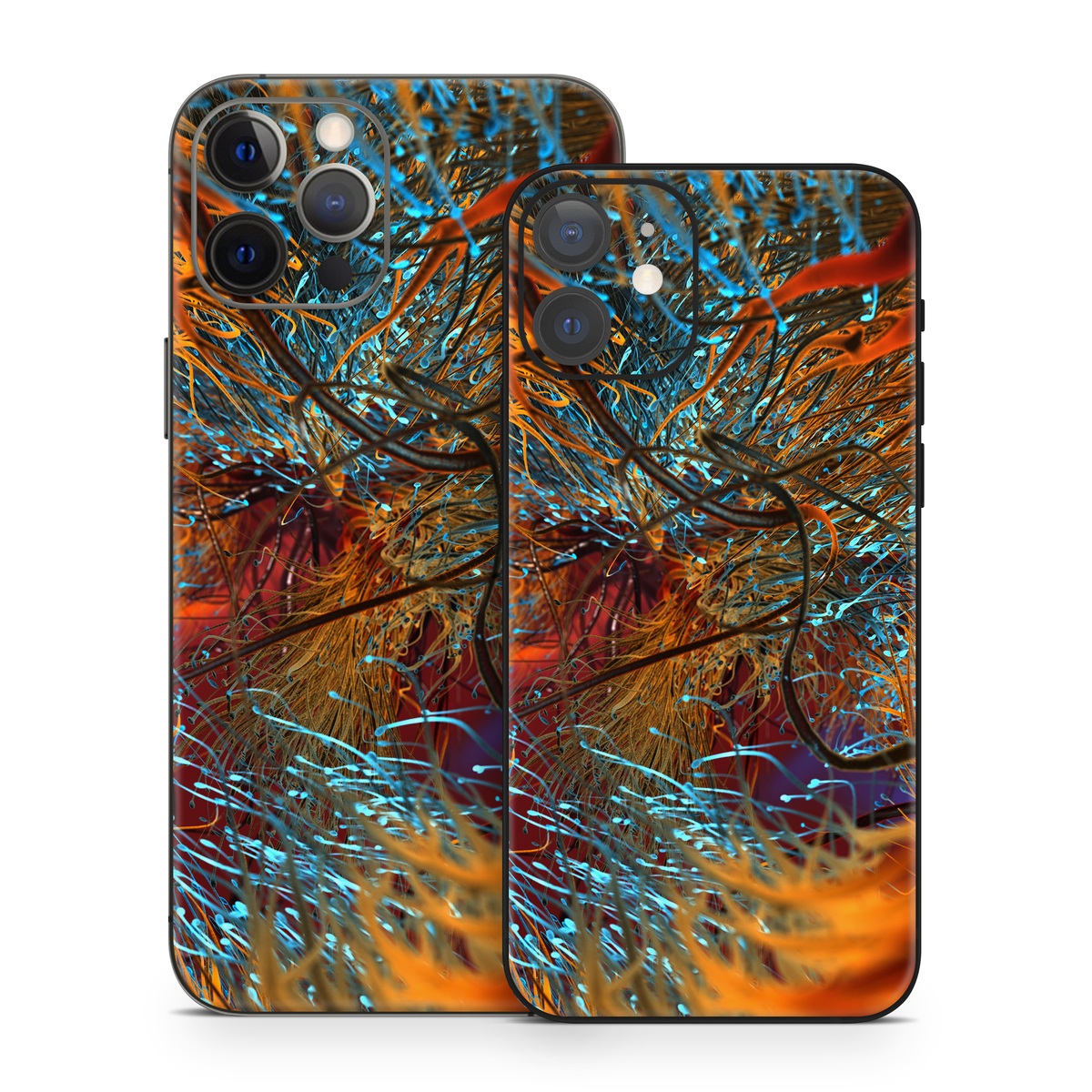 iPhone 12 Series Skin design of Orange, Tree, Electric blue, Organism, Fractal art, Plant, Art, Graphics, Space, Psychedelic art, with orange, blue, red, yellow, purple colors