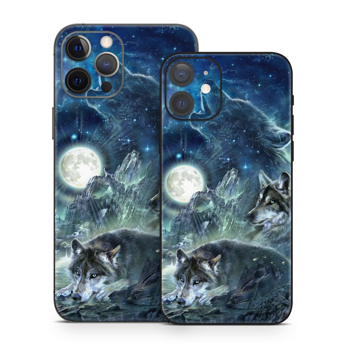 iPhone 12 Series Skin design of Cg artwork, Fictional character, Darkness, Werewolf, Illustration, Wolf, Mythical creature, Graphic design, Dragon, Mythology, with black, blue, gray, white colors