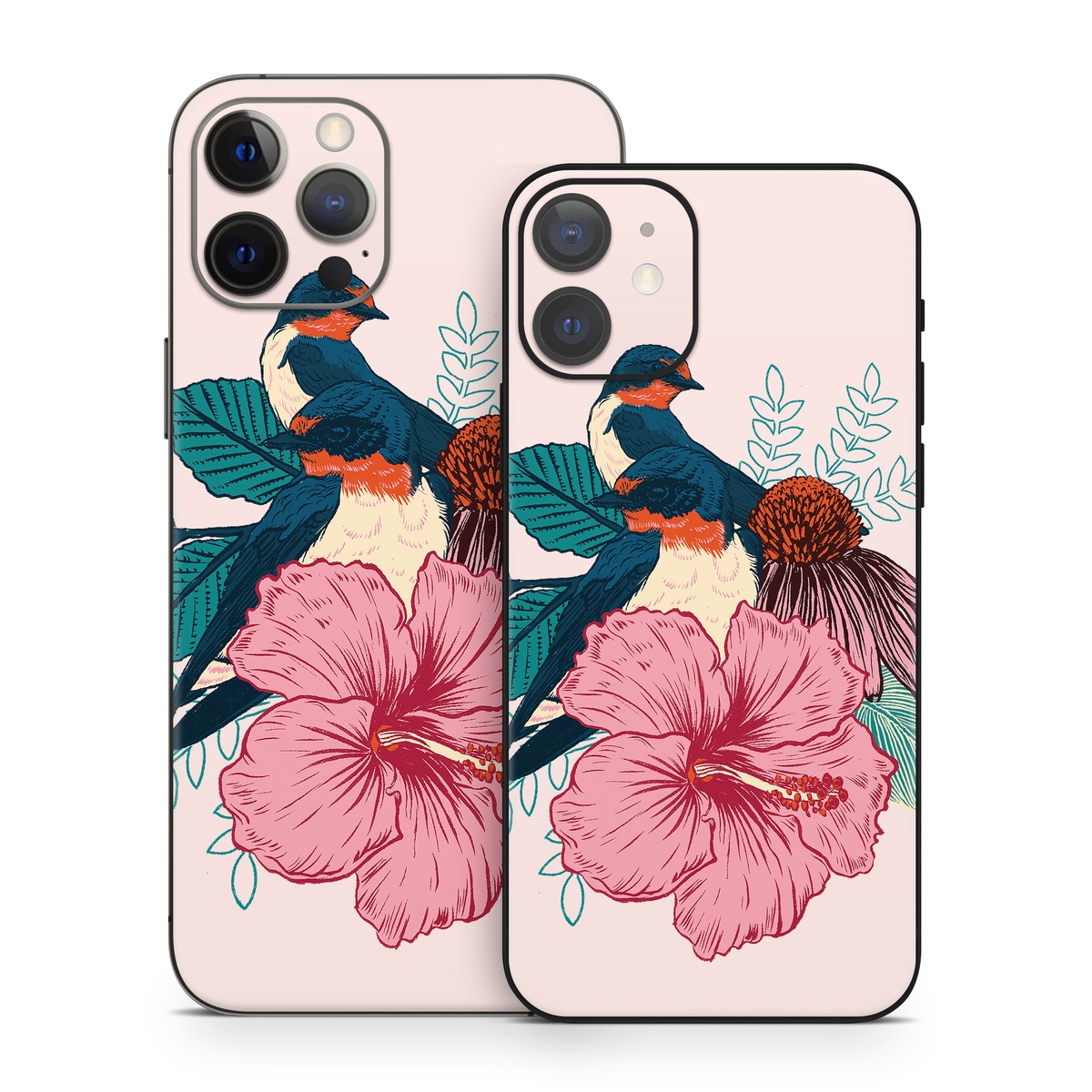 iPhone 12 Series Skin design of Bird, Hawaiian hibiscus, Hibiscus, Illustration, Chinese hibiscus, Botany, Flower, Plant, Malvales, Mallow family, with blue, pink, green, yellow, red colors