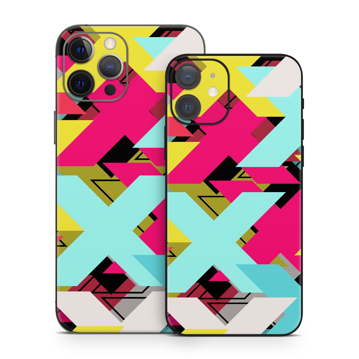 iPhone 12 Series Skin design of Pattern, Graphic design, Line, Design, Triangle, Font, Illustration, Magenta, Visual arts, with yellow, blue, white, black, red, pink colors