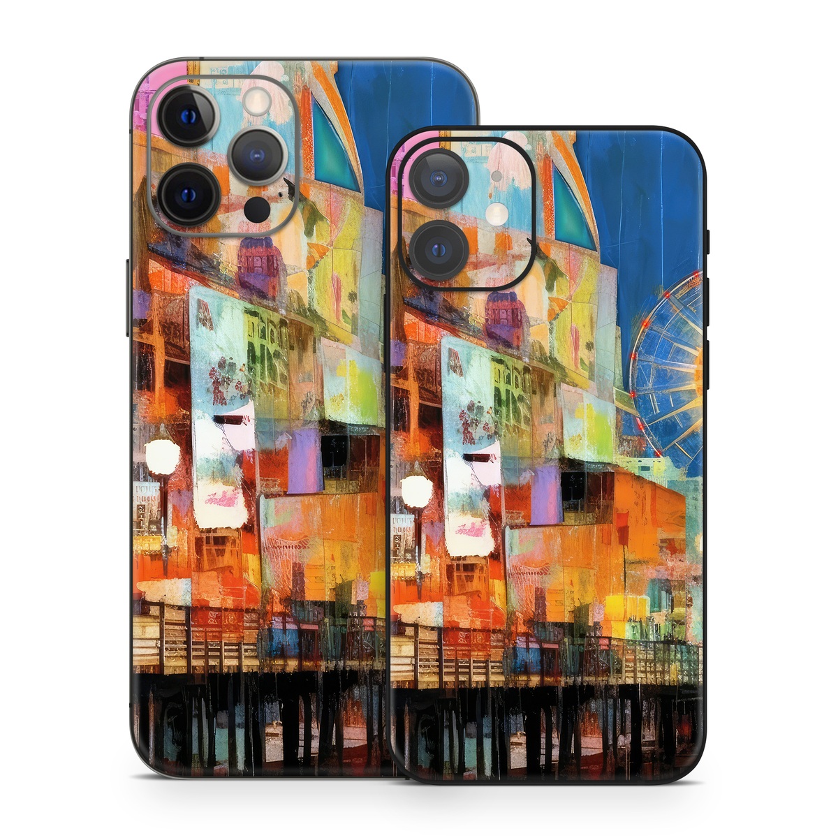 iPhone 12 Series Skin design of Light, World, Window, Tints and shades, City, Art, Leisure, Event, Building, Ferris wheel, with black, white, blue, pink, red, orange, yellow, green colors