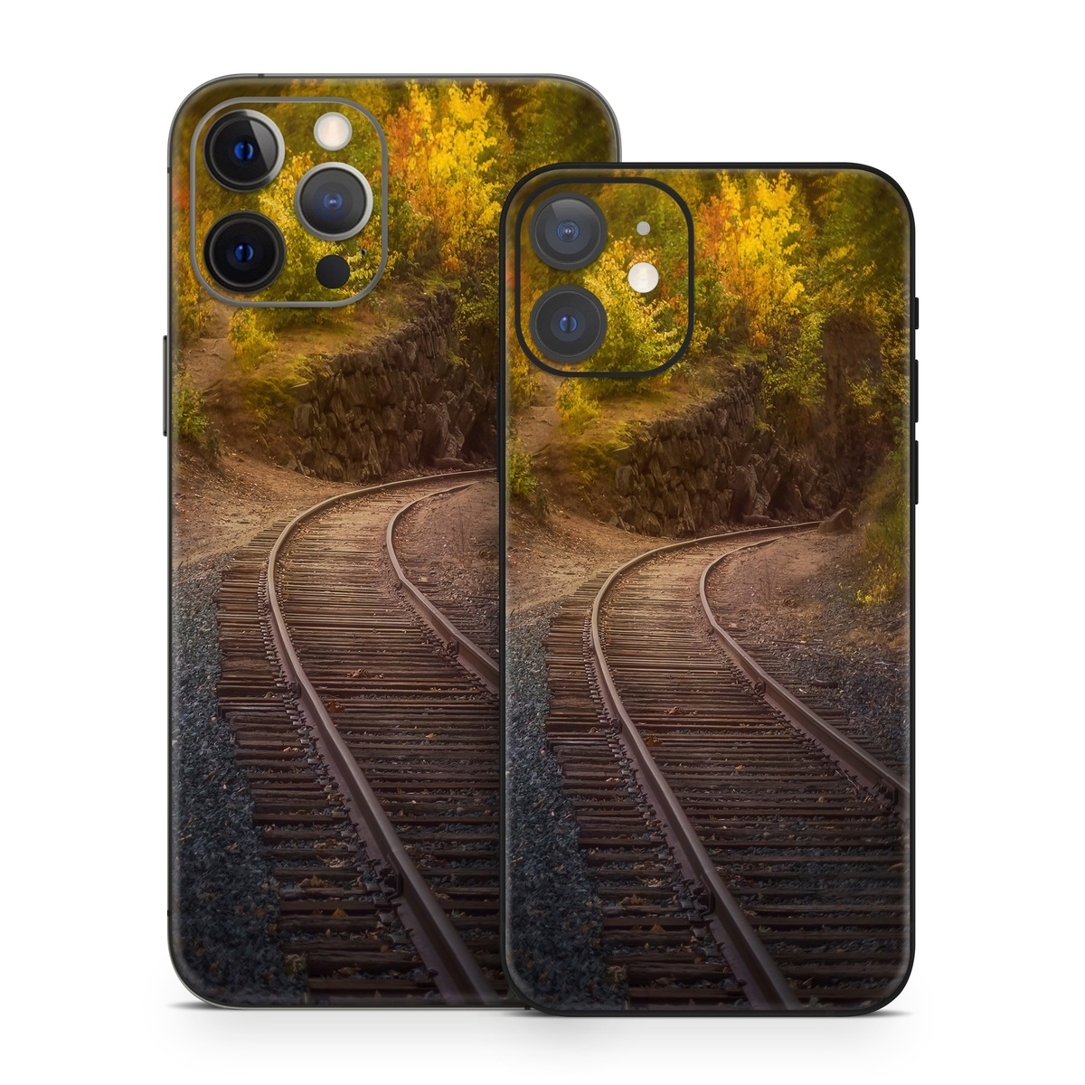 iPhone 12 Series Skin design of Plant, Wood, Branch, Natural landscape, Road surface, Track, Grass, Tree, Thoroughfare, Twig, with brown, gray, yellow, orange, green, red colors