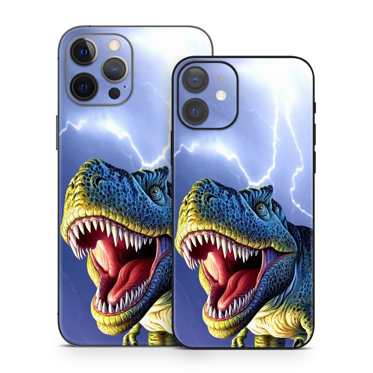 iPhone 12 Series Skin design of Dinosaur, Extinction, Tyrannosaurus, Velociraptor, Tooth, Jaw, Organism, Mouth, Fictional character, Art, with blue, green, yellow, orange, red colors
