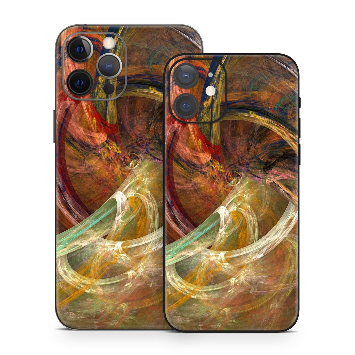 iPhone 12 Series Skin design of Fractal art, Art, Painting, Visual arts, Modern art, Graphics, Artwork, Stock photography, Circle, Space, with brown, red, yellow, orange, green colors