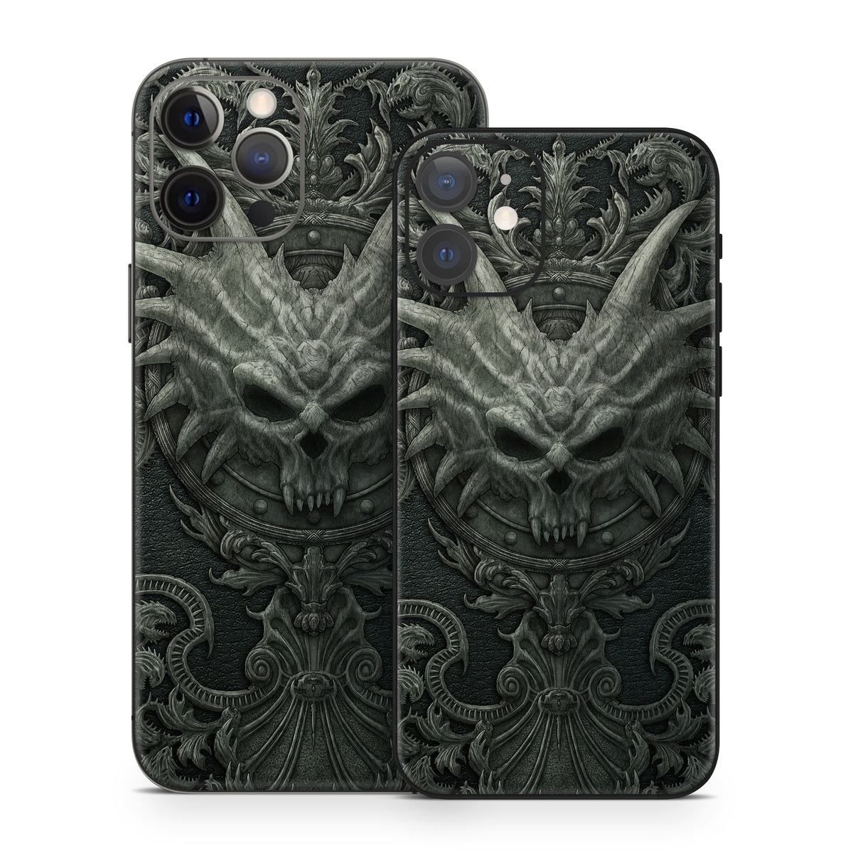 iPhone 12 Series Skin design of Demon, Dragon, Fictional character, Illustration, Supernatural creature, Drawing, Symmetry, Art, Mythology, Mythical creature, with black, gray colors