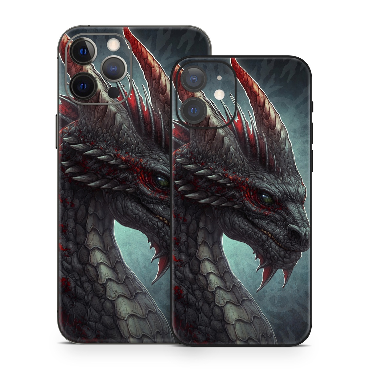 iPhone 12 Series Skin design of Dragon, Fictional character, Mythical creature, Demon, Cg artwork, Illustration, Green dragon, Supernatural creature, Cryptid, with red, gray, blue colors