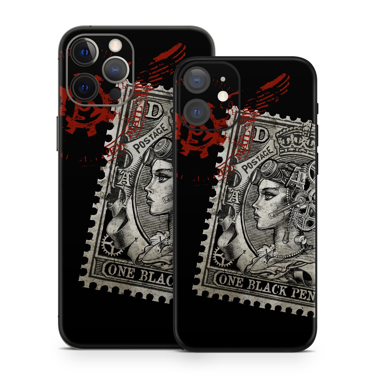 iPhone 12 Series Skin design of Font, Postage stamp, Illustration, Drawing, Art, with black, gray, red colors