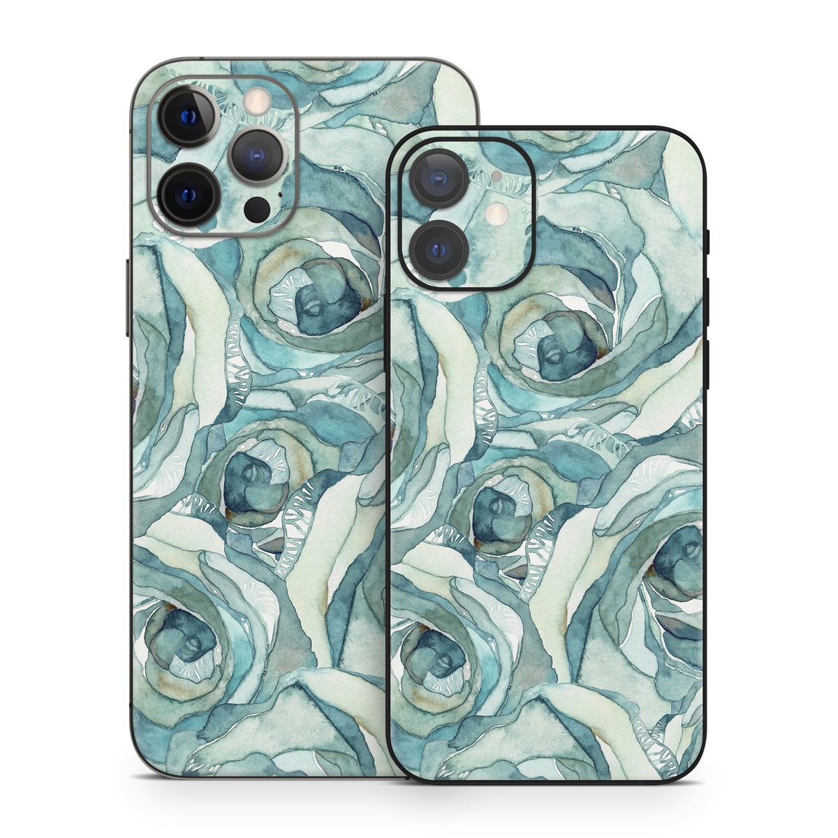 iPhone 12 Series Skin design of Rose, Garden roses, Blue, Flower, Rose family, Watercolor paint, Plant, Pattern, Rosa × centifolia, Blue rose, with blue, green colors