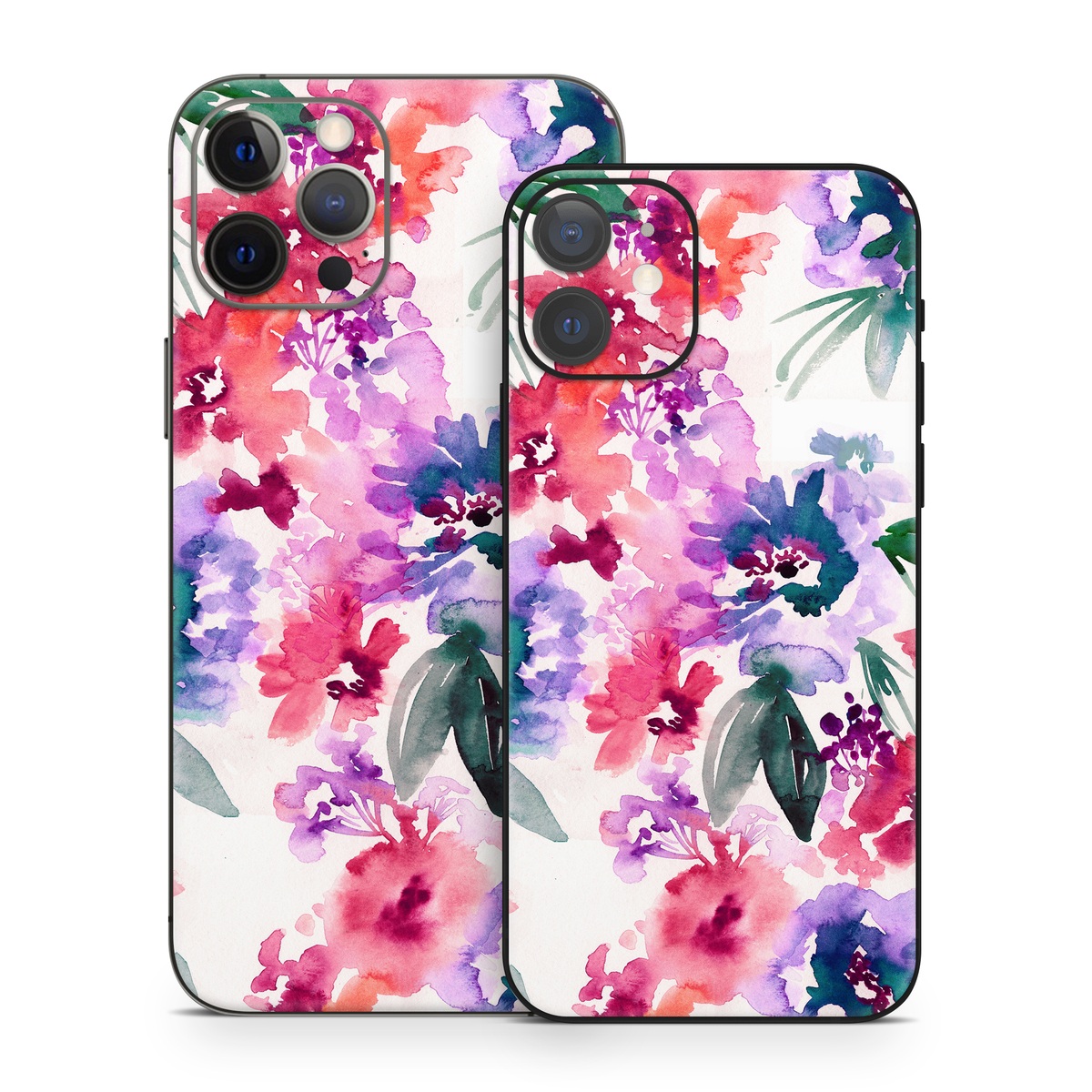iPhone 12 Series Skin design of Purple, Pattern, Pink, Lilac, Violet, Flower, Watercolor paint, Floral design, Plant, Design, with green, pink, red, purple, white colors