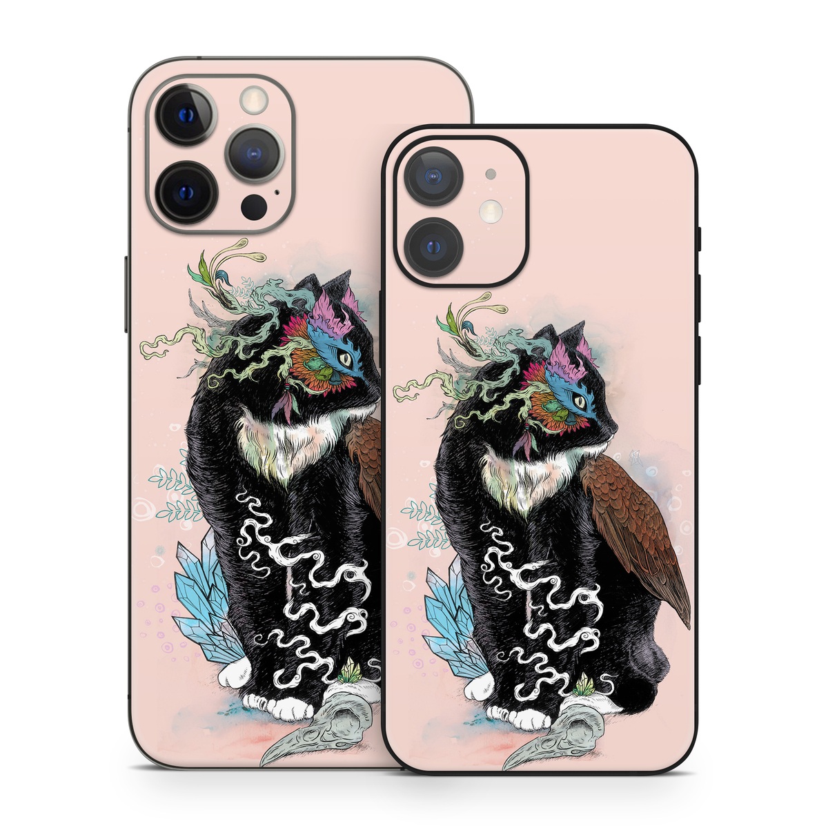 iPhone 12 Series Skin design of Illustration, Owl, Art, Graphic design, Cat, Tail, with pink, black, brown, red, green colors