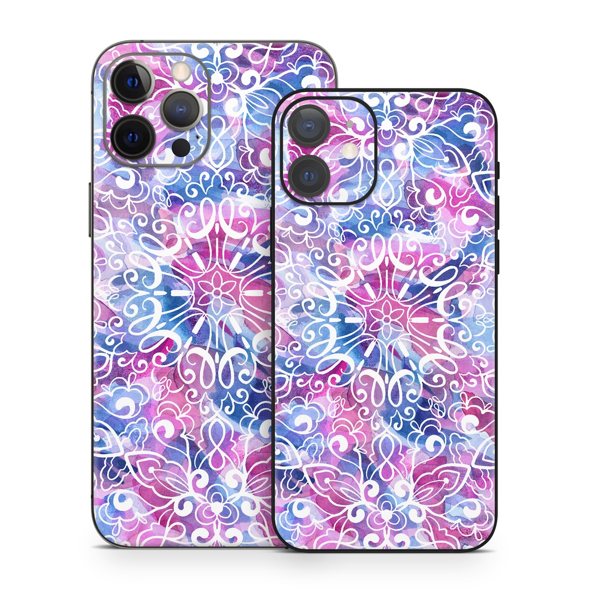 iPhone 12 Series Skin design of Pattern, Pink, Lilac, Design, Textile, Visual arts, Motif, Floral design, Plant, with blue, pink, purple, white colors
