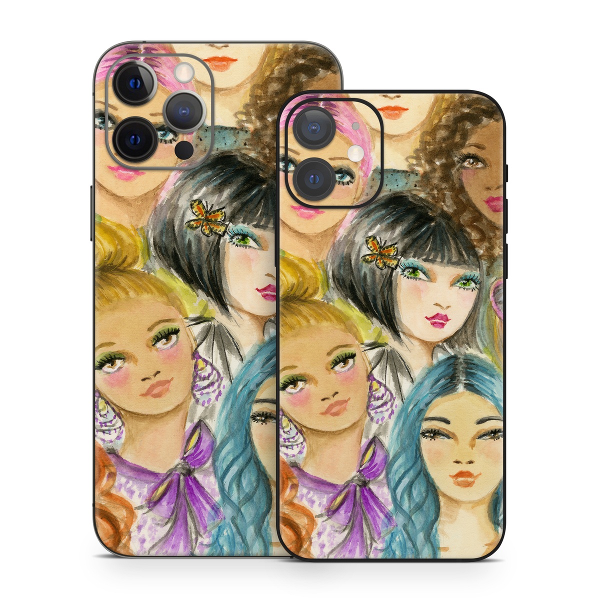 iPhone 12 Series Skin design of Face, Hair, Head, Art, Hair coloring, Cheek, Illustration, Human, Watercolor paint, Brown hair, with white, black, brown, yellow, purple, blue, pink colors