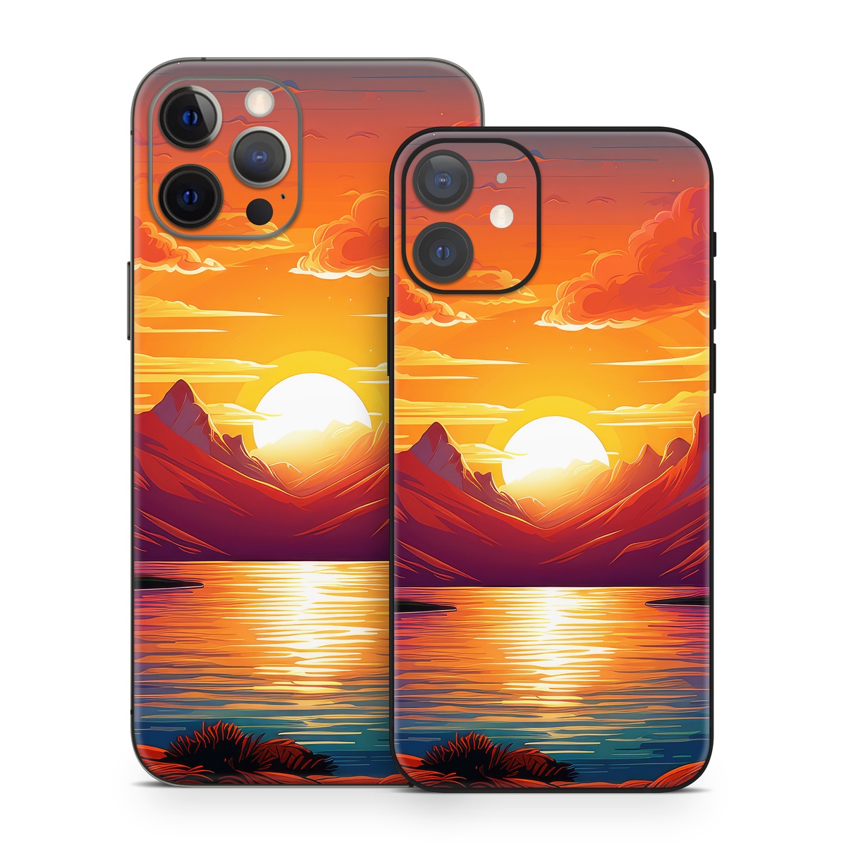 iPhone 12 Series Skin design of Water, Cloud, Sky, Ecoregion, Afterglow, Light, World, Nature, Natural landscape, Mountain, with red, orange, yellow, blue, purple colors