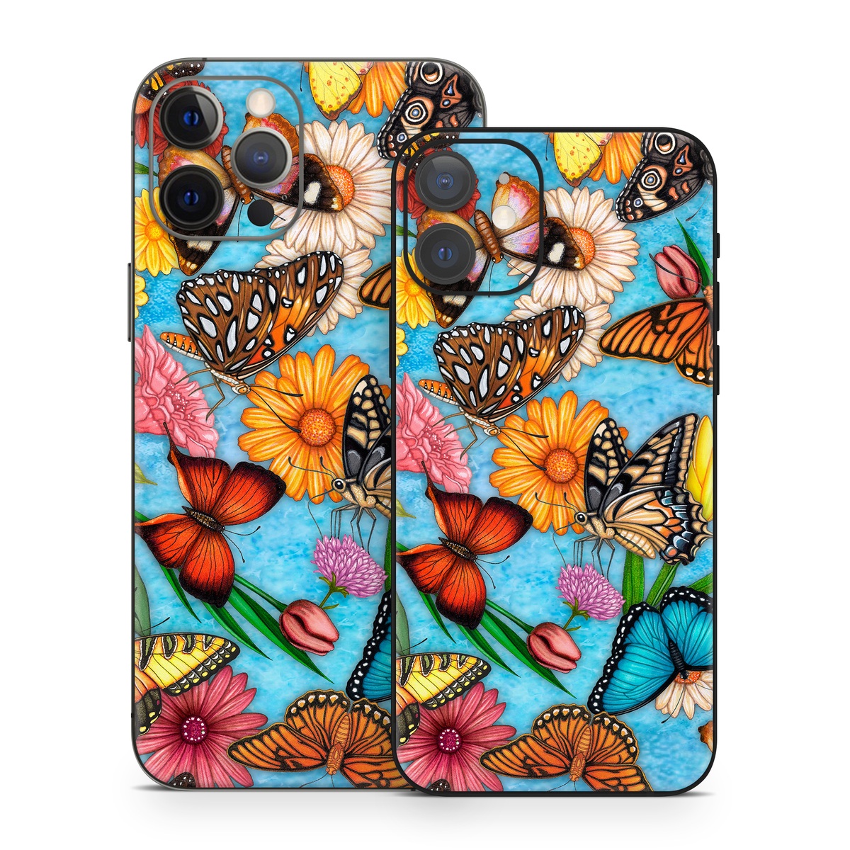iPhone 12 Series Skin design of Cynthia (subgenus), Butterfly, Monarch butterfly, Moths and butterflies, Brush-footed butterfly, Pollinator, Insect, Pattern, Design, Organism, with blue, pink, orange, yellow, red colors