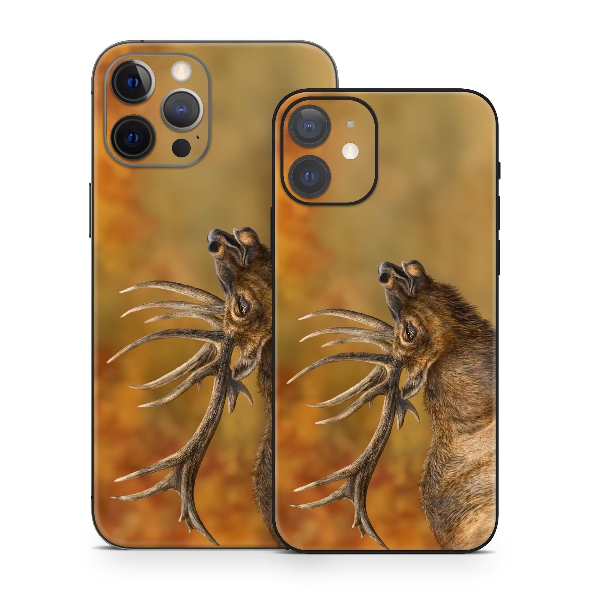 iPhone 12 Series Skin design of Head, Deer, Natural material, Barren ground Caribou, Fawn, Terrestrial animal, Horn, Elk, Snout, Reindeer, with brown, black, orange, yellow, gray colors