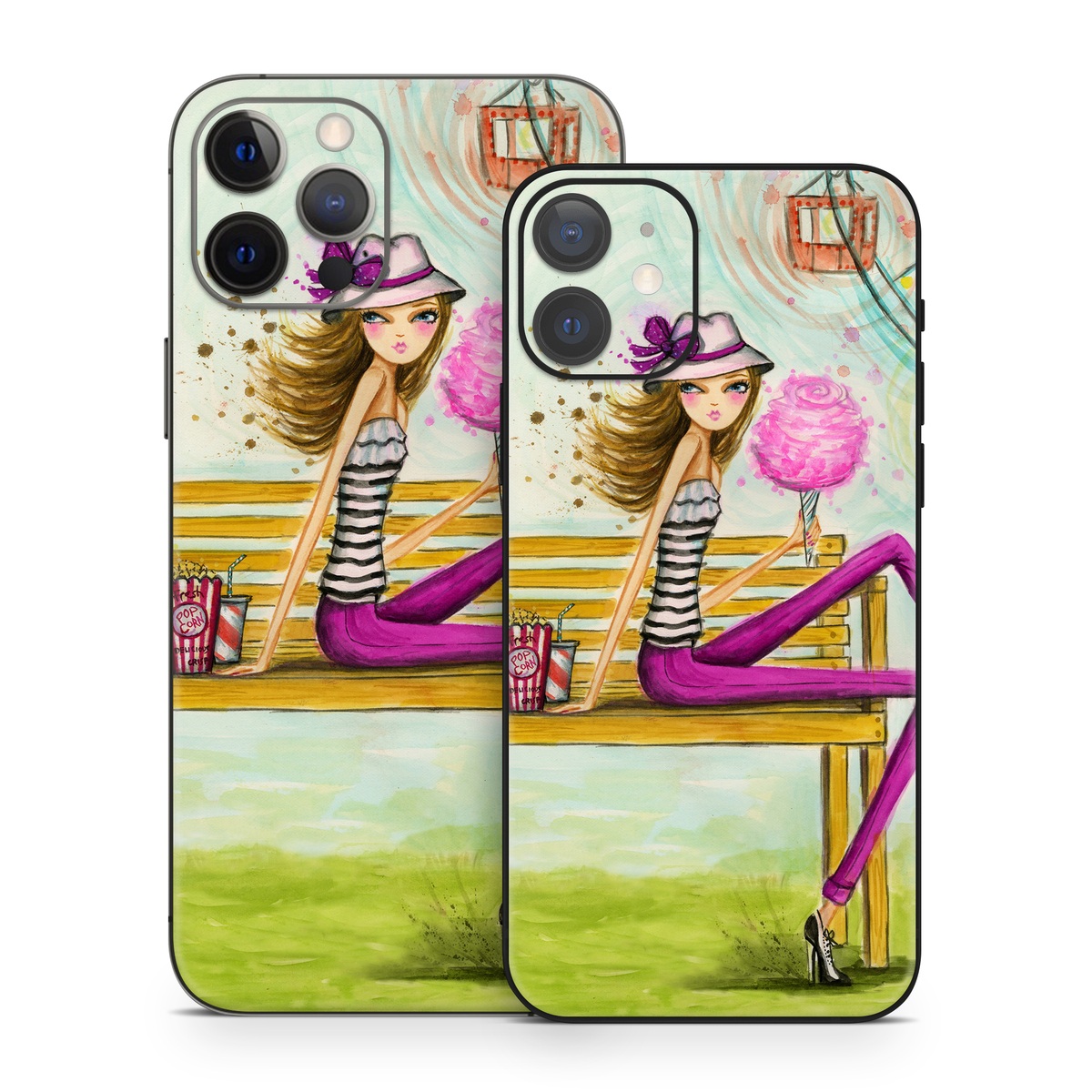 iPhone 12 Series Skin design of Illustration, Fashion illustration, Art, Sitting, Watercolor paint, Plant, Graphic design, Style, Painting, with green, yellow, blue, pink, purple, black, white, orange colors
