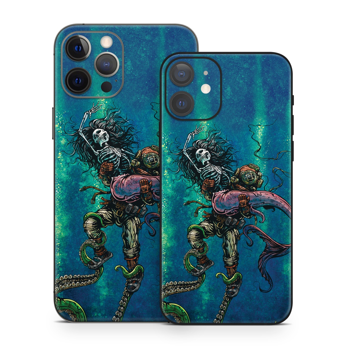 iPhone 12 Series Skin design of Water, Fluid, Underwater, Marine invertebrates, Marine biology, Electric blue, Liquid, Recreation, Underwater diving, Art, with blue, green, orange, purple, pink, black, white, gray colors