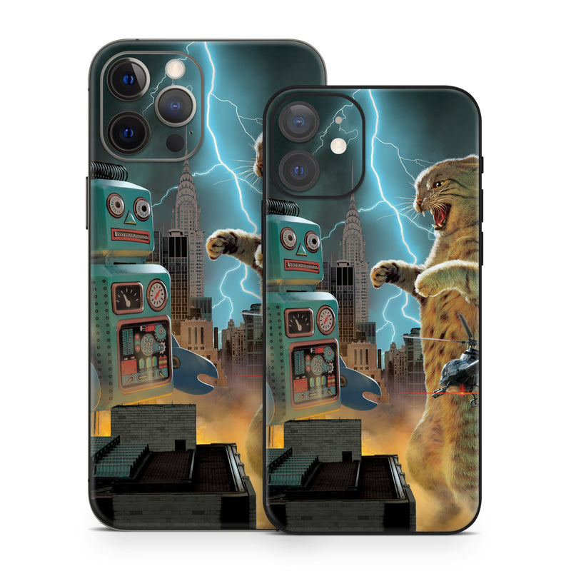 iPhone 12 Series Skin design of Lightning, Felidae, Carnivore, Art, Whiskers, Big cats, Cg artwork, Terrestrial animal, Small to medium-sized cats, Thunder, with black, blue, red, yellow, white, brown, gray, orange colors