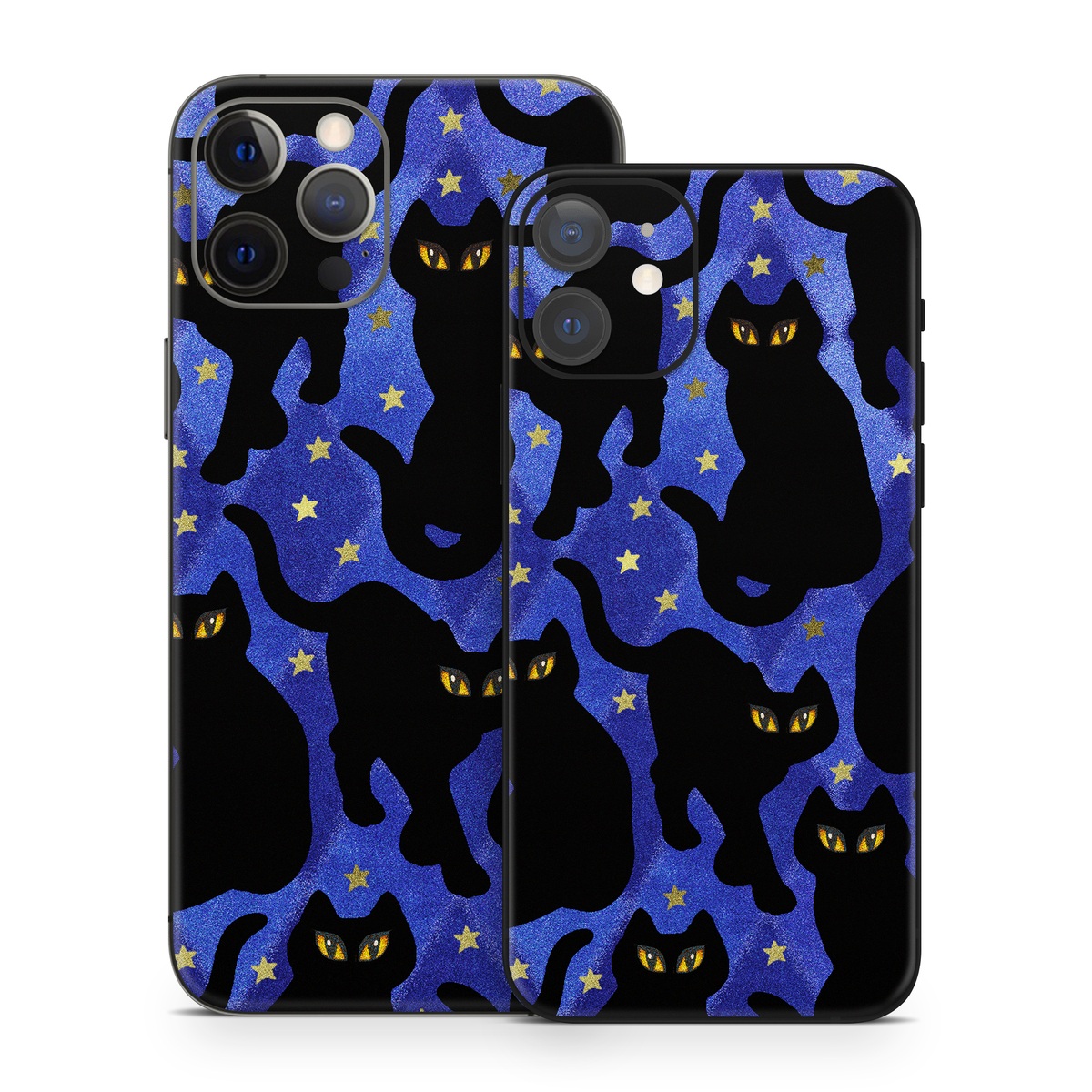 iPhone 12 Series Skin design of Black cat, Black, Cat, Small to medium-sized cats, Pattern, Felidae, Design, Electric blue, Illustration, Art, with black, blue, purple, yellow colors