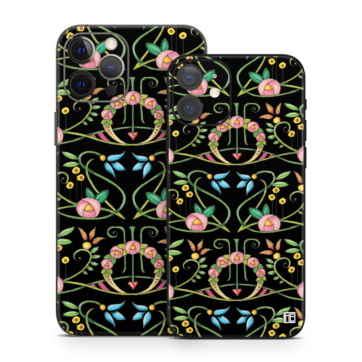 iPhone 12 Series Skin design of Flower, Rectangle, Textile, Ornament, Plant, Line, Motif, Creative arts, Art, Pattern, with black, pink, blue, green, yellow colors