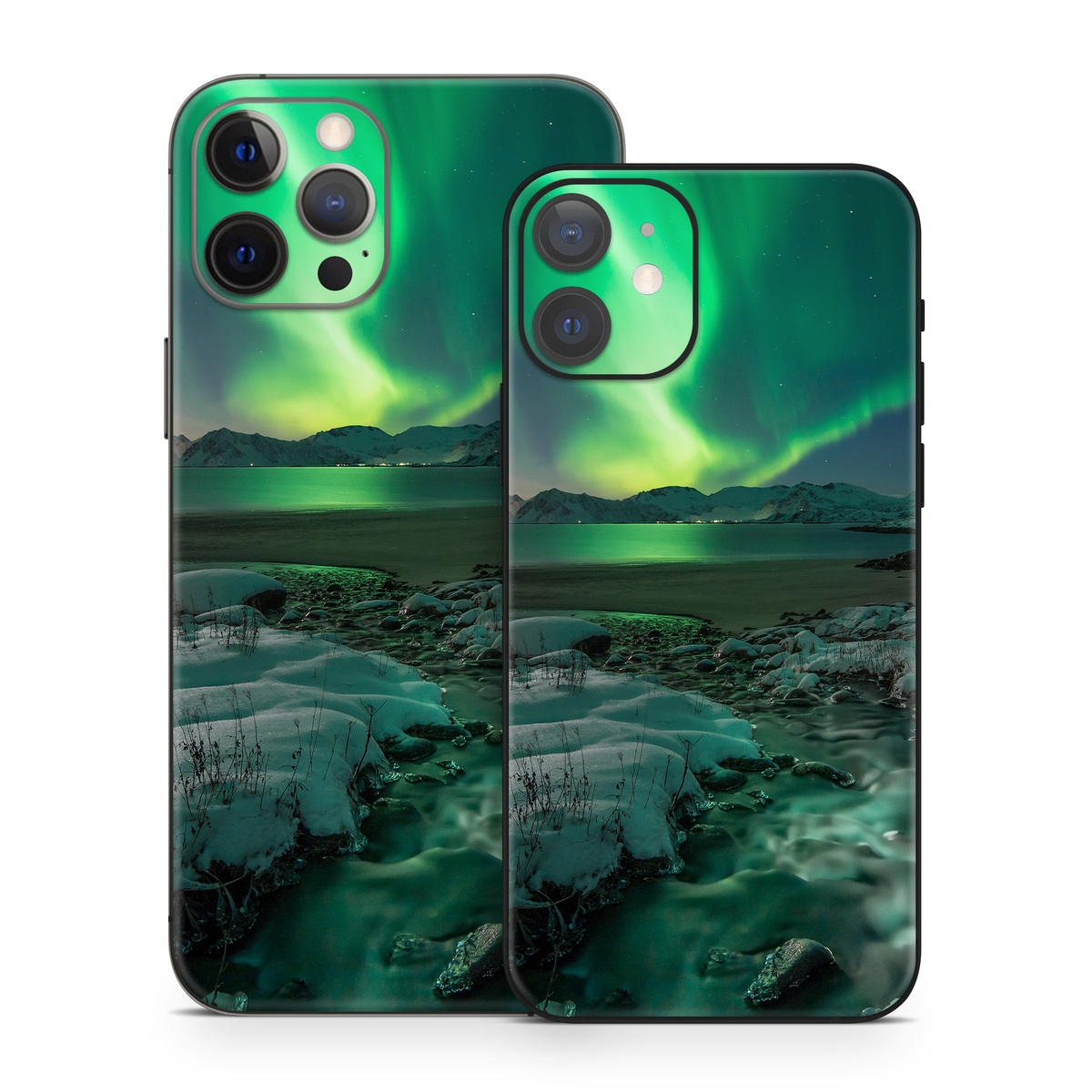iPhone 12 Skin design of Nature, Aurora, Sky, Geological phenomenon, Water, Atmosphere, Space, Landscape, World, Glacier with white, green, blue, black, gray colors