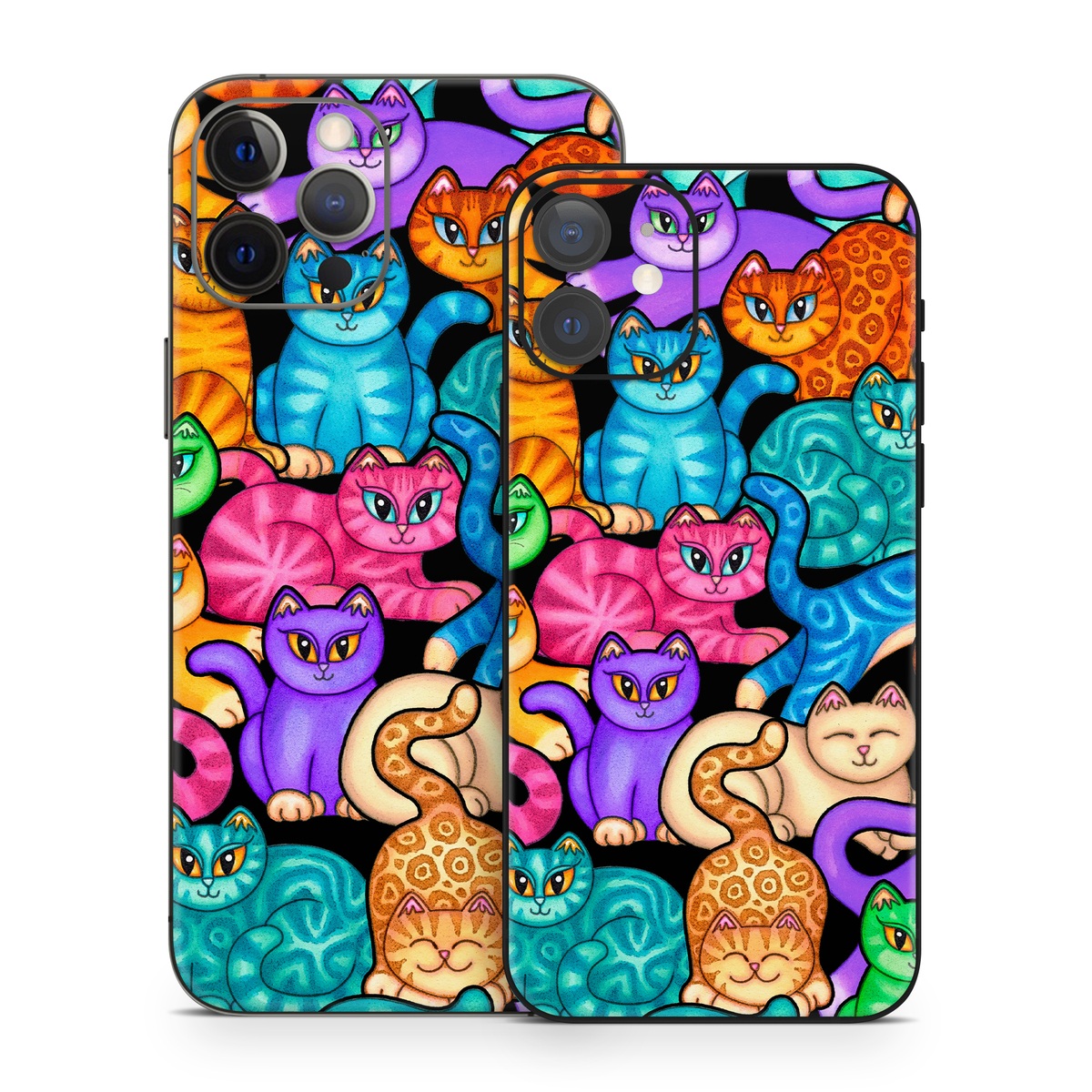 iPhone 12 Series Skin design of Cat, Cartoon, Felidae, Organism, Small to medium-sized cats, Illustration, Animated cartoon, Wildlife, Kitten, Art, with black, blue, red, purple, green, brown colors