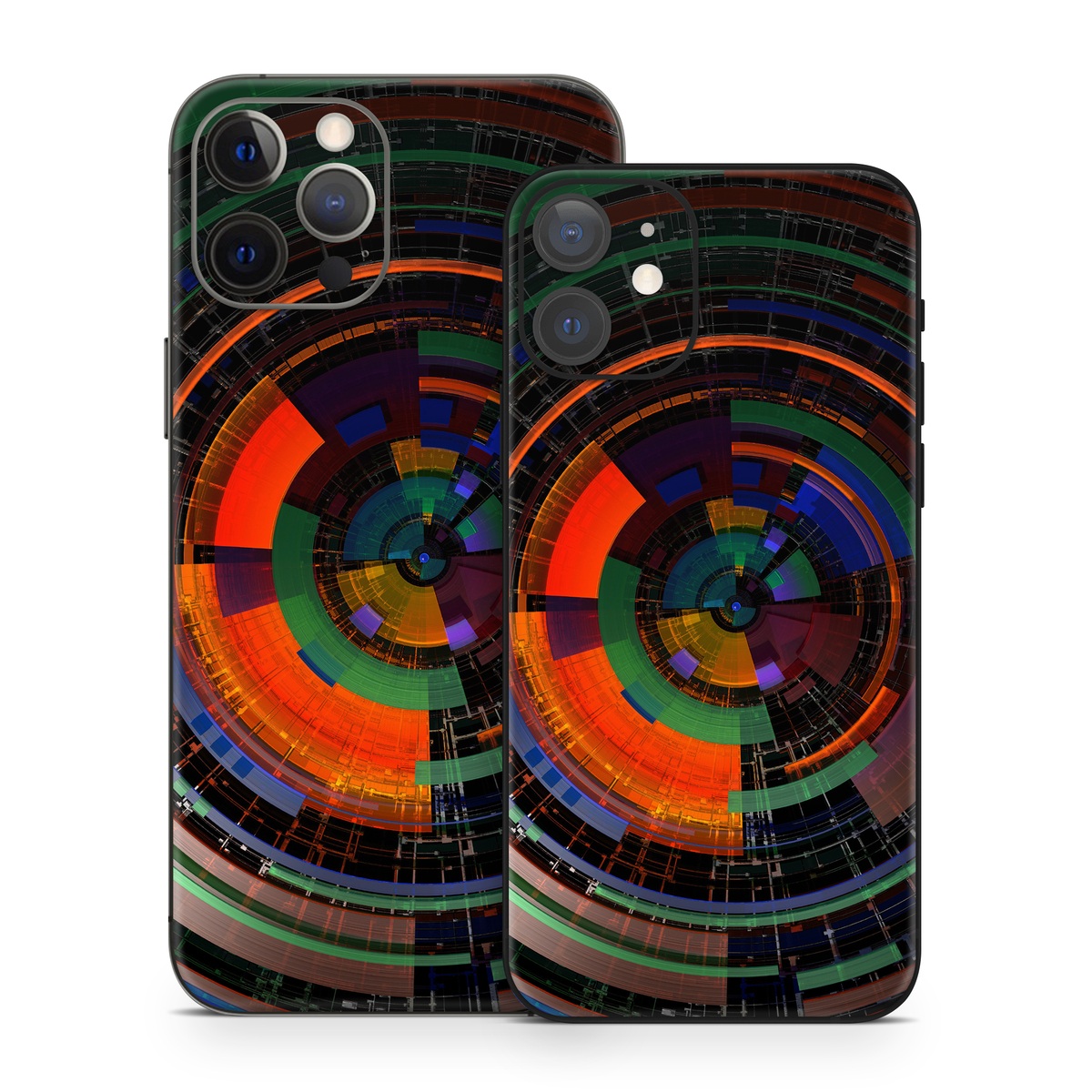 iPhone 12 Series Skin design of Colorfulness, Pattern, Circle, Design, Architecture, Symmetry, Art, Spiral, Psychedelic art, with black, red, blue, green, orange, brown colors