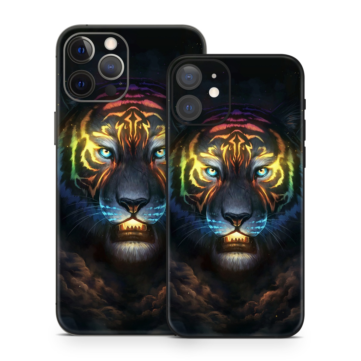 iPhone 12 Series Skin design of Felidae, Vertebrate, Carnivore, Organism, Painting, Roar, Bengal tiger, Big cats, Art, Whiskers, with black, yellow, orange, red, green, purple, blue colors